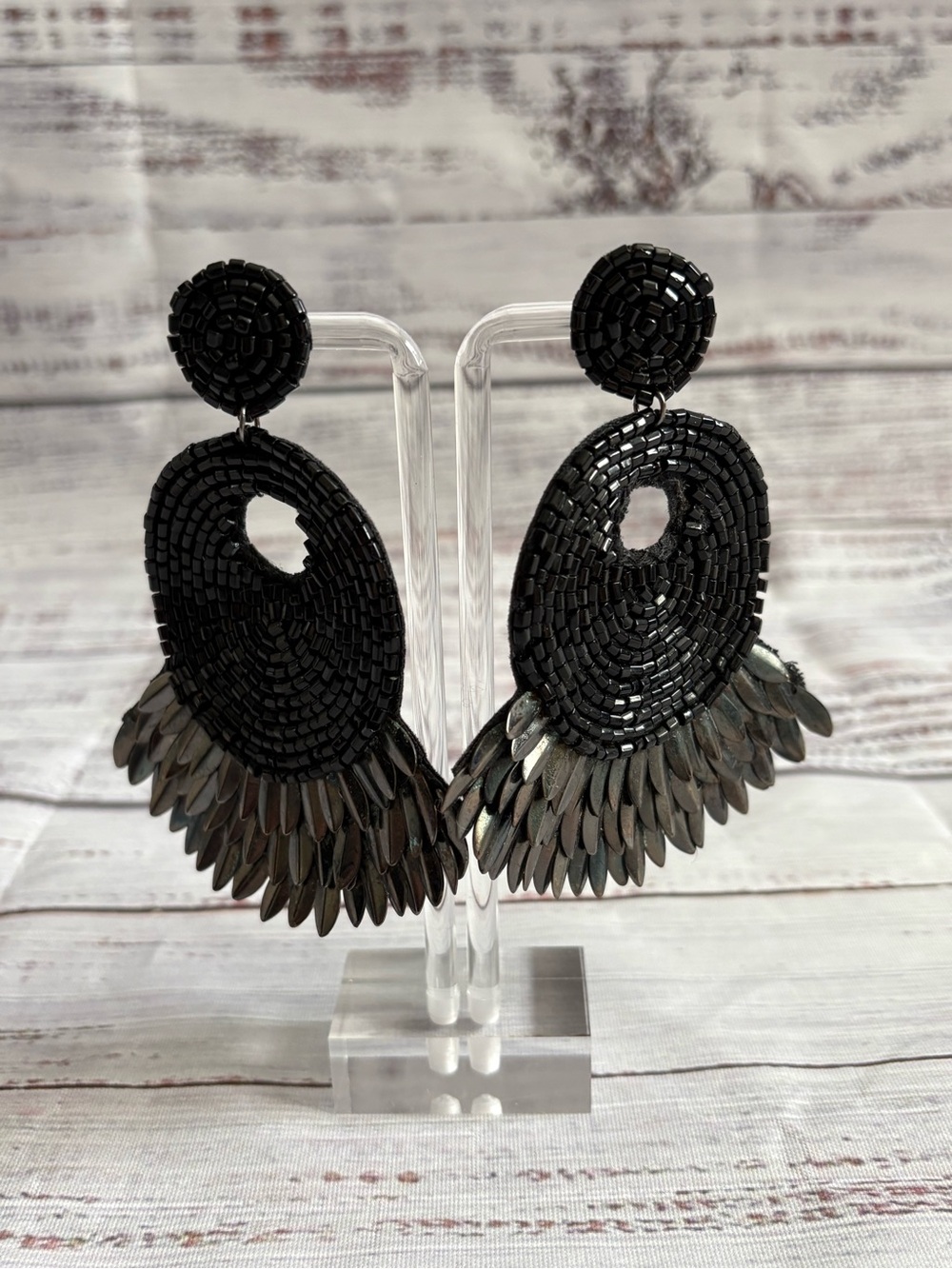Black Beaded Statement Drop Earrings - Unbranded